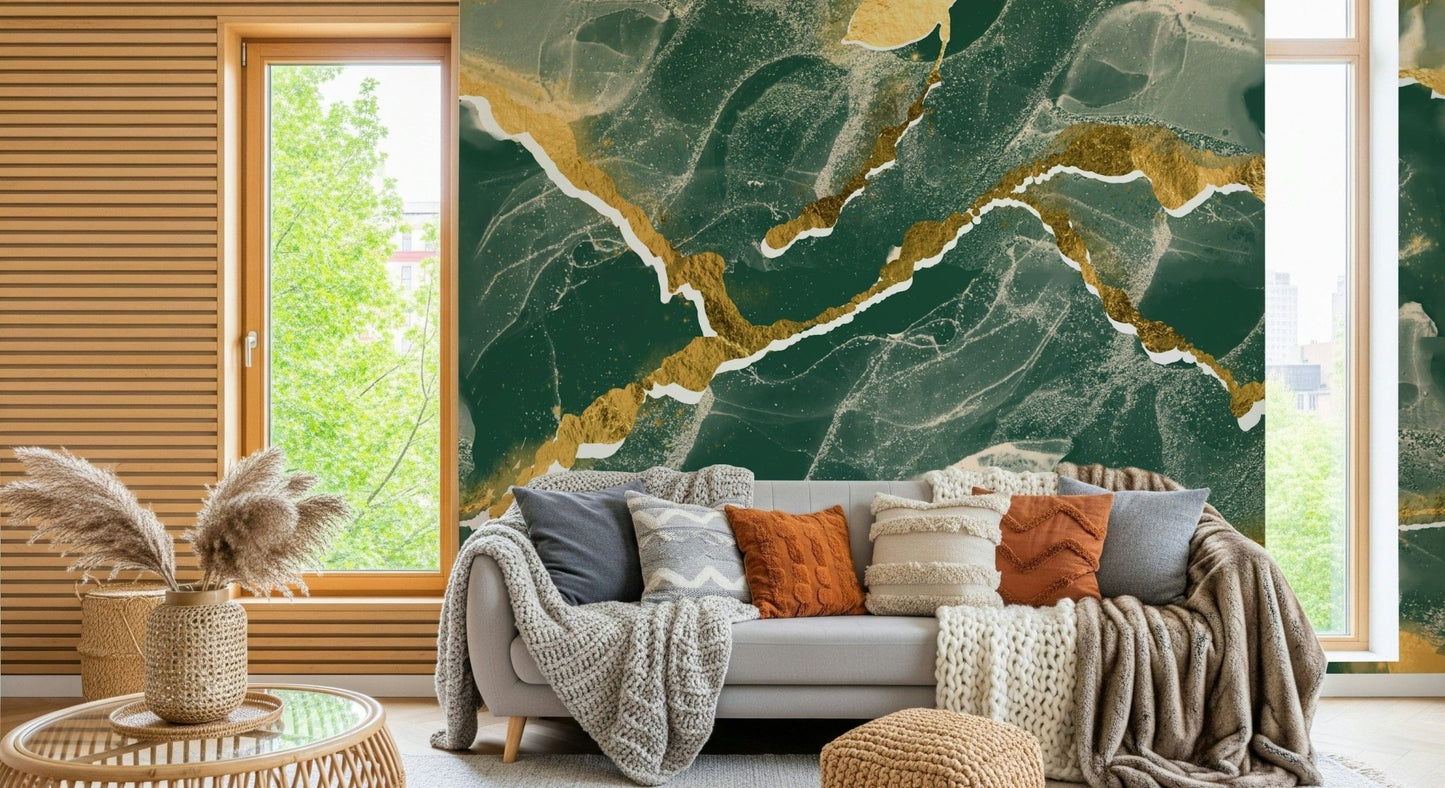 Abstract art Marble Wallpaper mural with flowing golden veins across a rich emerald marble background.