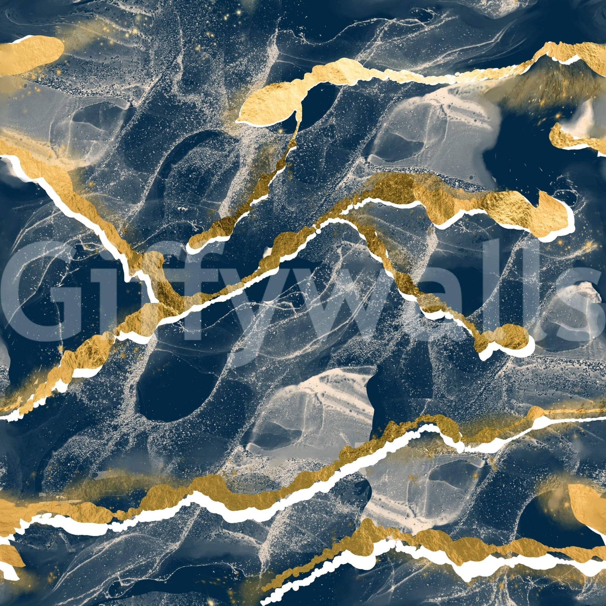Golden Veins Navy Marble wallpaper mural close-up showing the pattern detail of navy-blue marble with gold and white veins