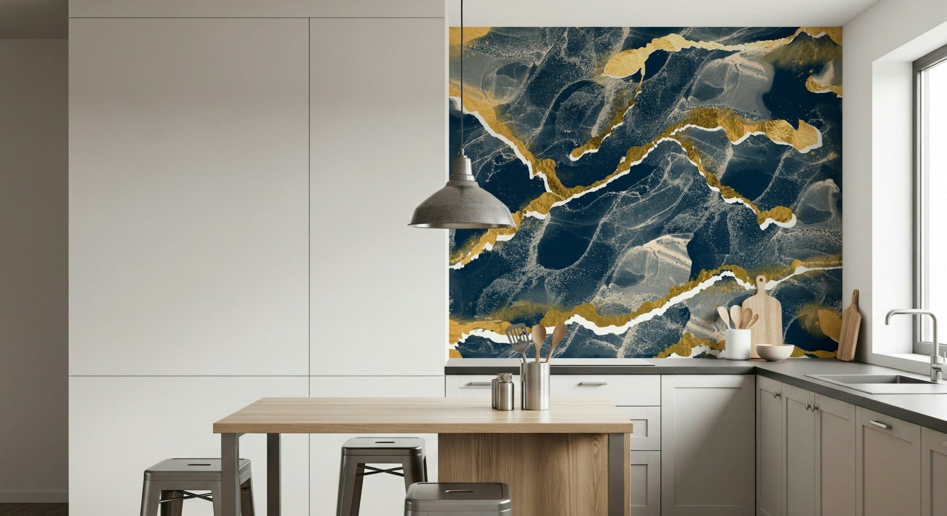 Abstract art Marble Wallpaper mural with flowing golden veins across a rich navy marble background.