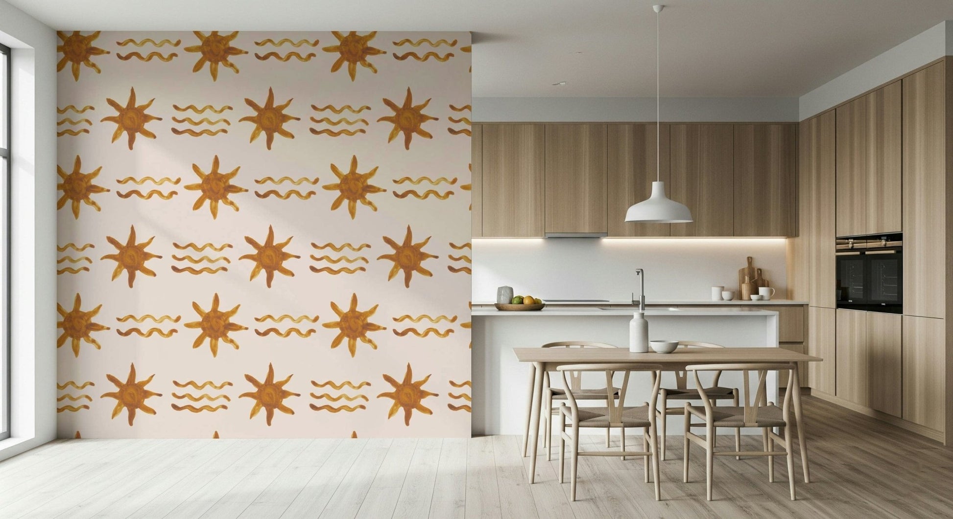 Golden wave motifs with a luminous sun centerpiece for a serene ambiance.