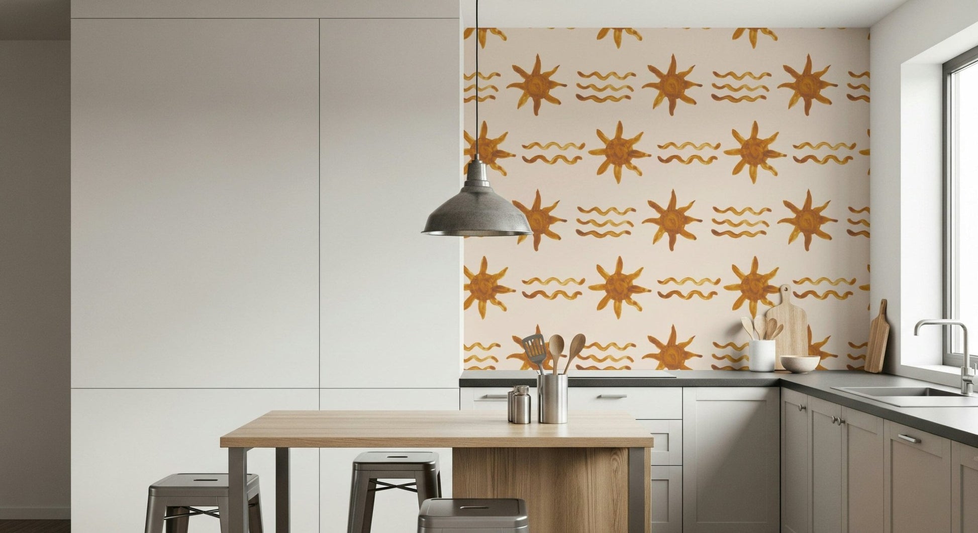 Elegant wallpaper with golden wave patterns rising toward a stylized sun.