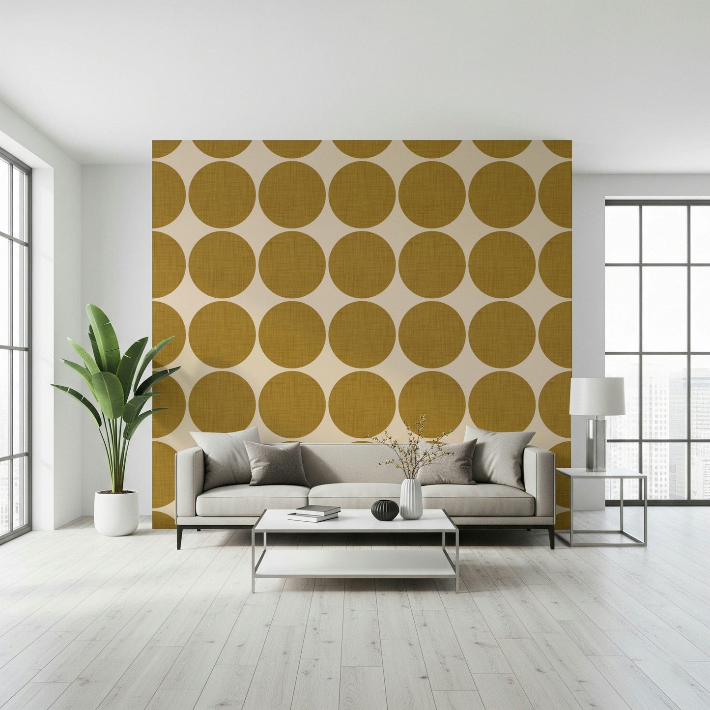 Warm neutral wallpaper with oversized ochre round shapes arranged in rows and columns