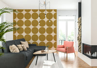 Minimalist geometric design featuring textured ochre orbs on a smooth light base
