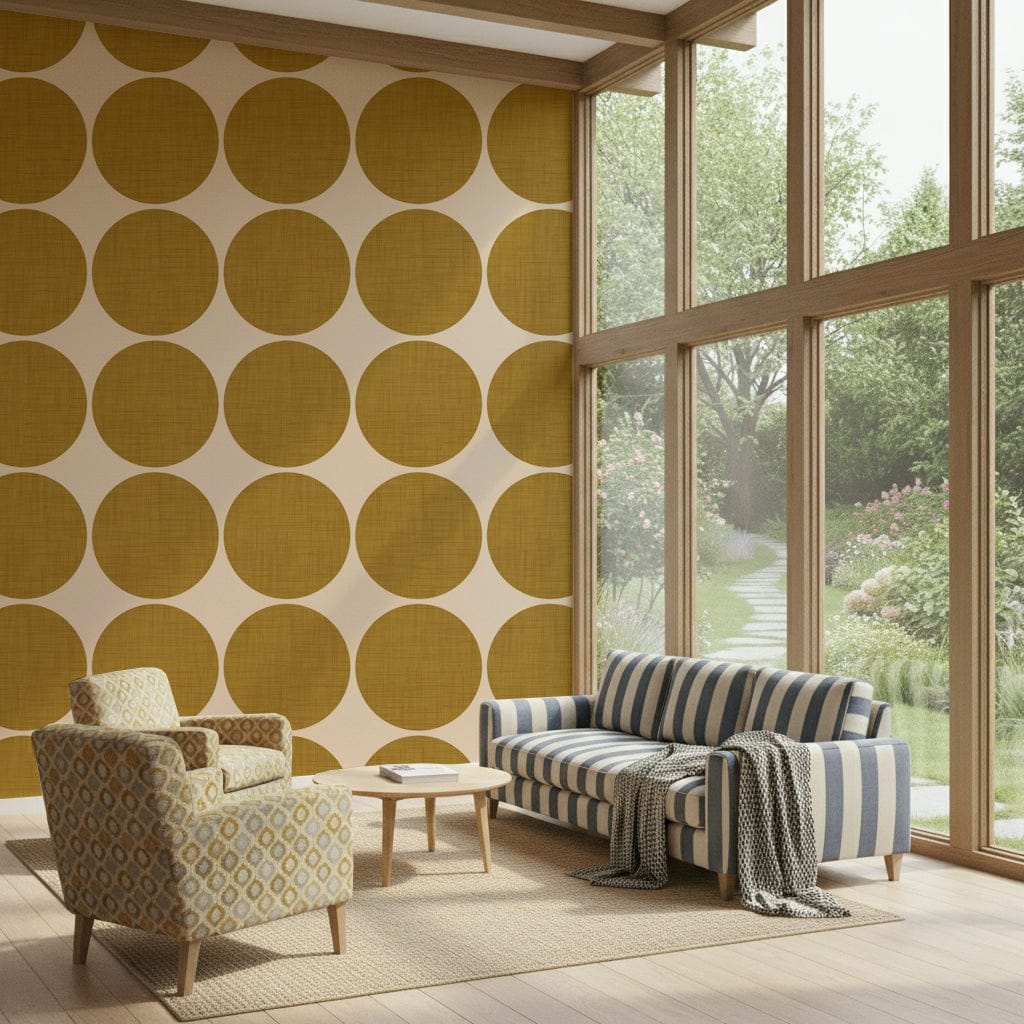 Ochre orb weave wallpaper featuring large ochre circles with a woven texture on a soft beige background