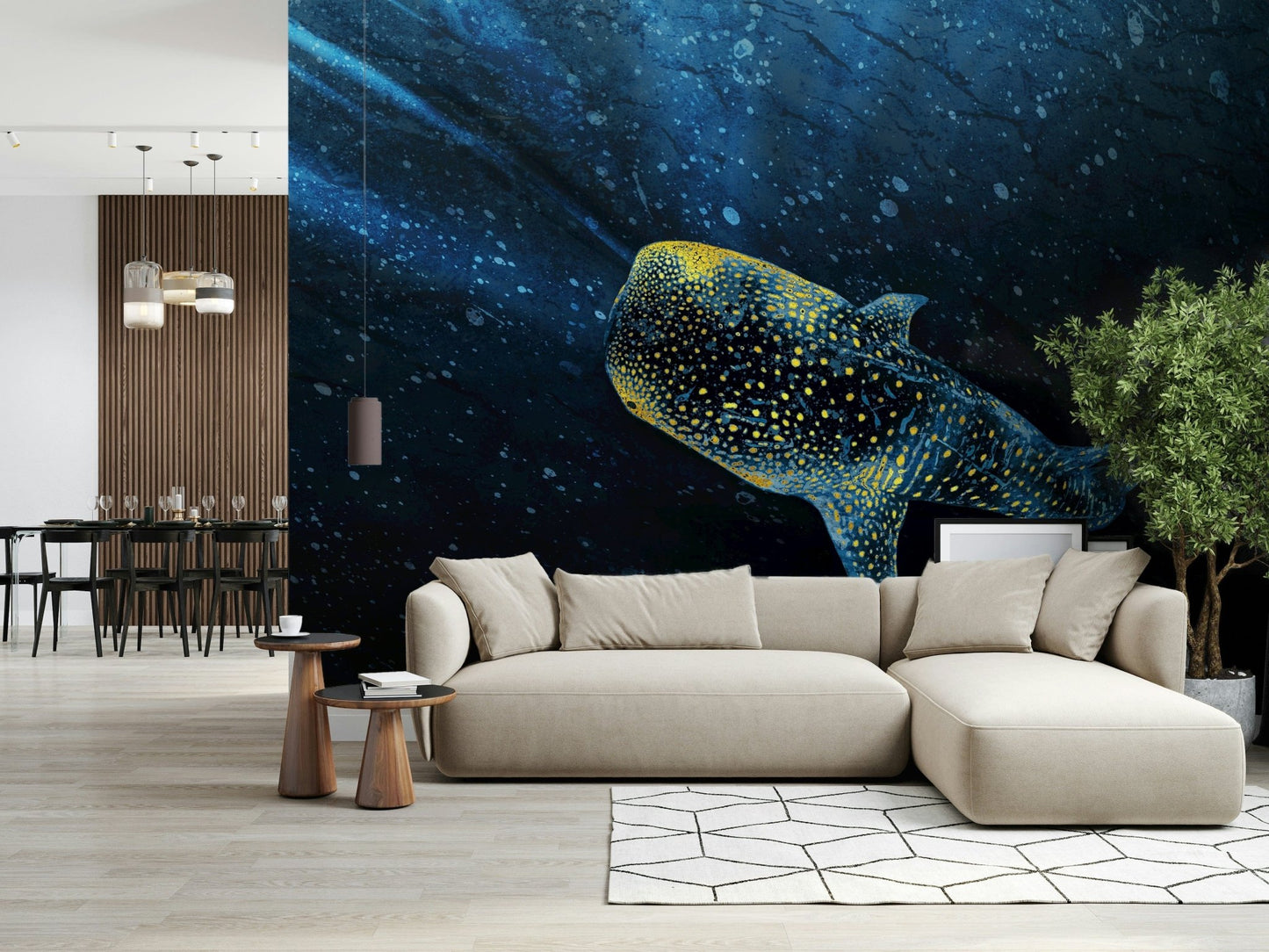 Deep sea Golden Whale Shark marine life wall mural.