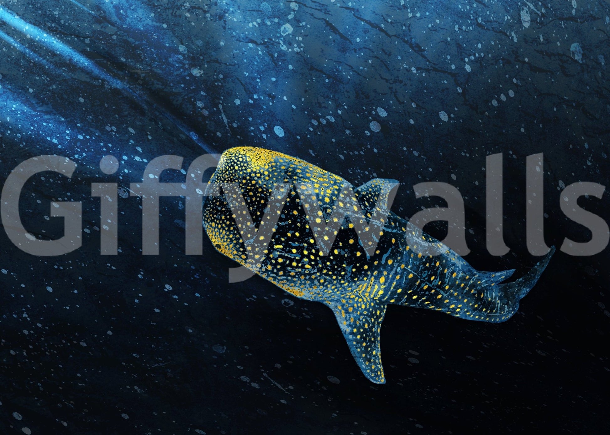 Golden Whale Shark swimming shadow deep water mural.