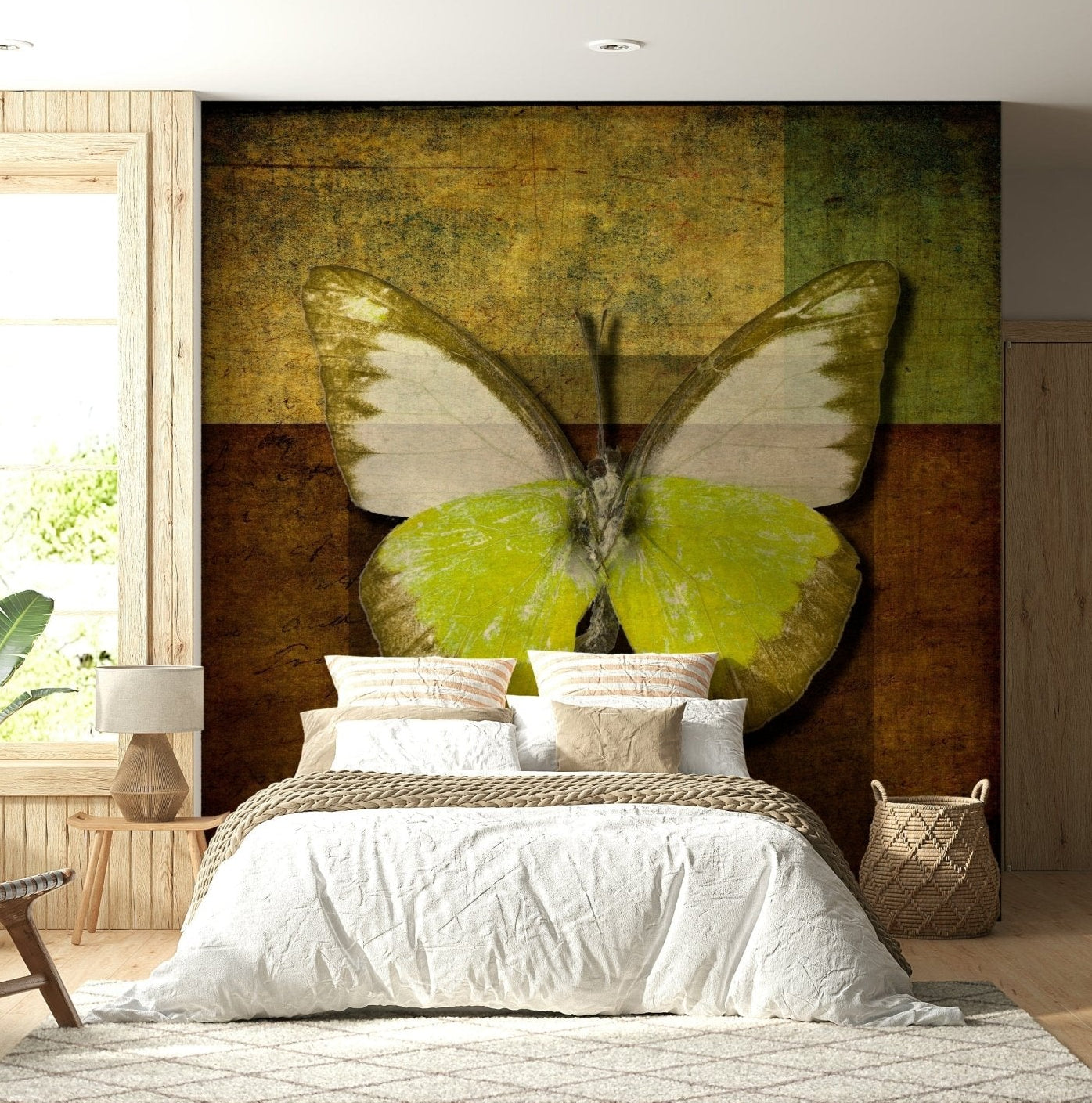 Textured golden butterfly wall mural rich historic paper background.