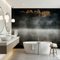 Golden Woodland Solitude wall mural, misty autumn forest reflection print.