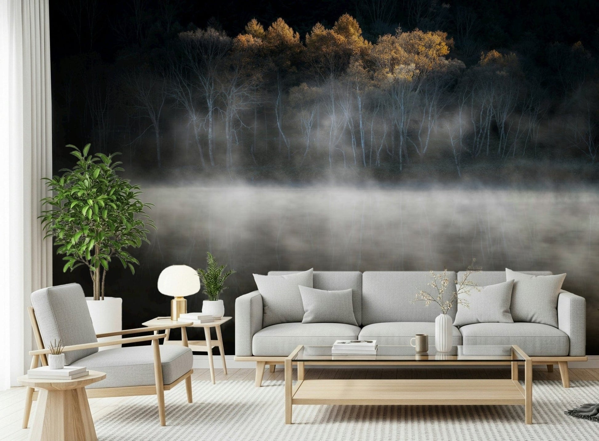 Golden Solitude wall mural, bare trunks framed by shimmering leaves.