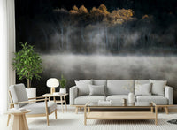 Golden Solitude wall mural, bare trunks framed by shimmering leaves.