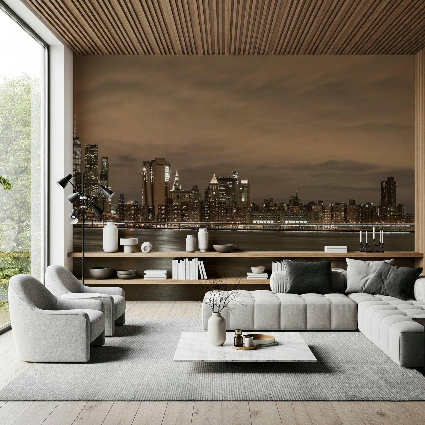 Sepia-toned cityscape wallpaper, illuminated New York bridges over water.