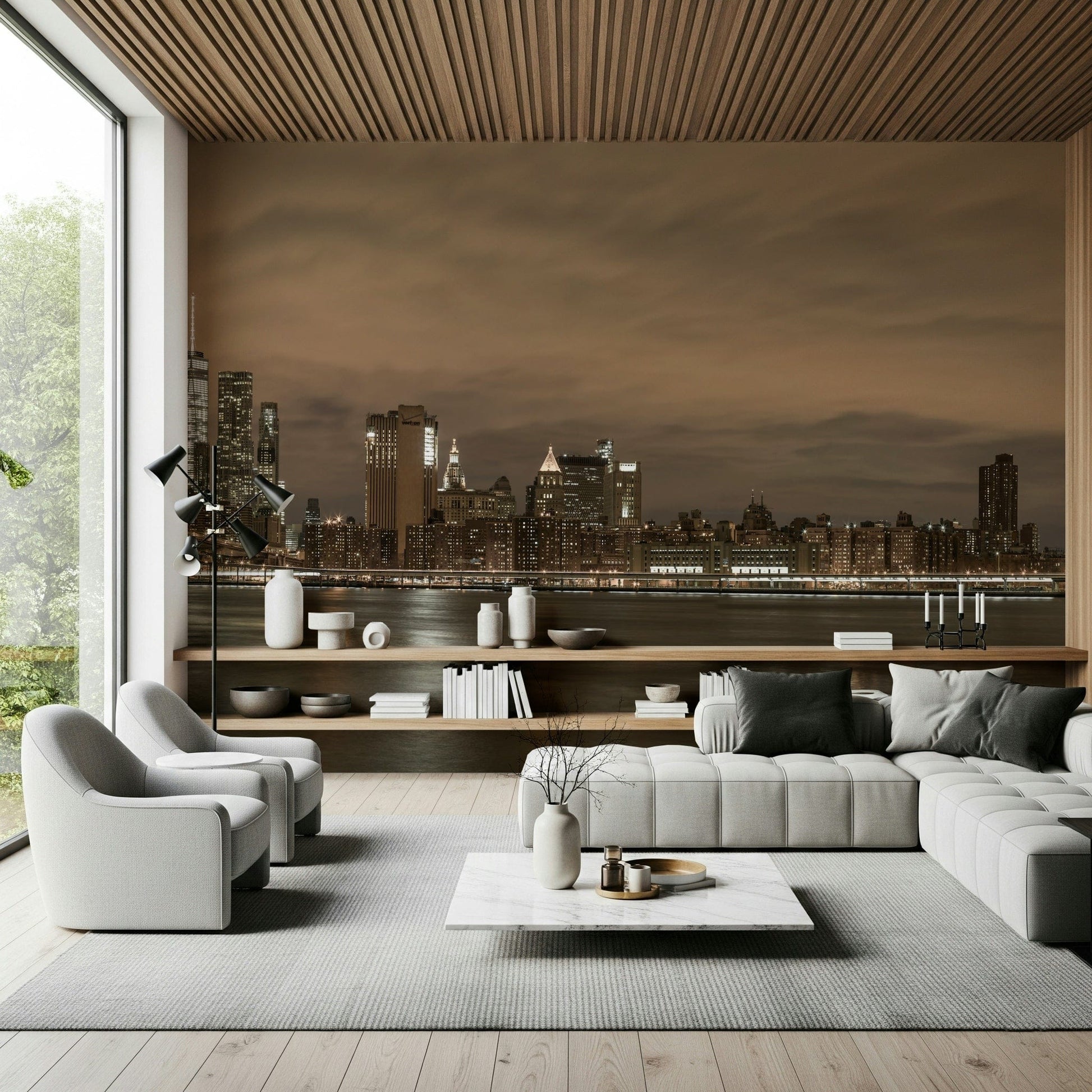 Sepia-toned cityscape wallpaper, illuminated New York bridges over water.