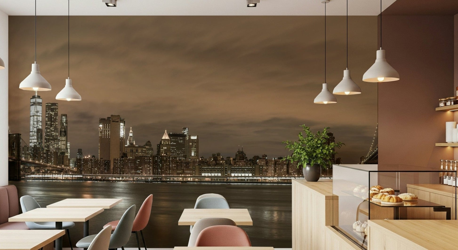 Wallpaper for walls featuring dark, majestic city vista and huge bridges.