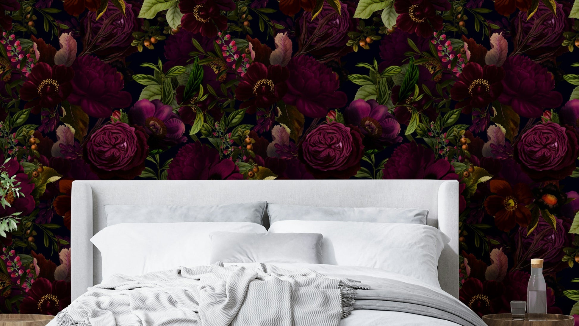 Moody gothic floral wallpaper with vintage heritage look


