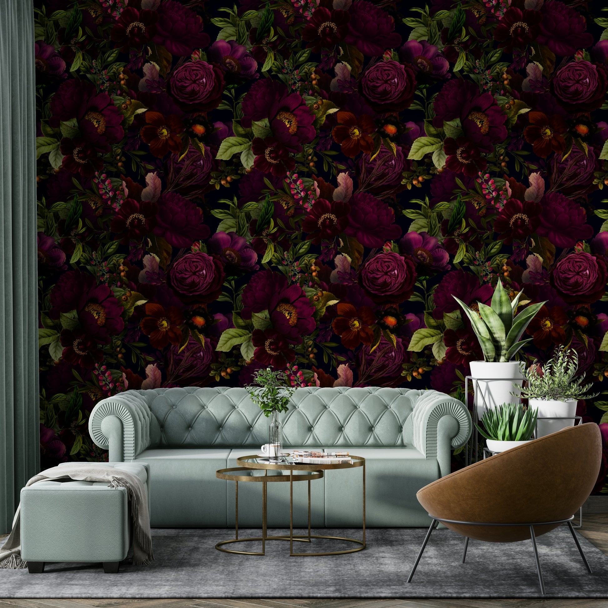 Dark moody florals wallpaper with grandmillennial charm

