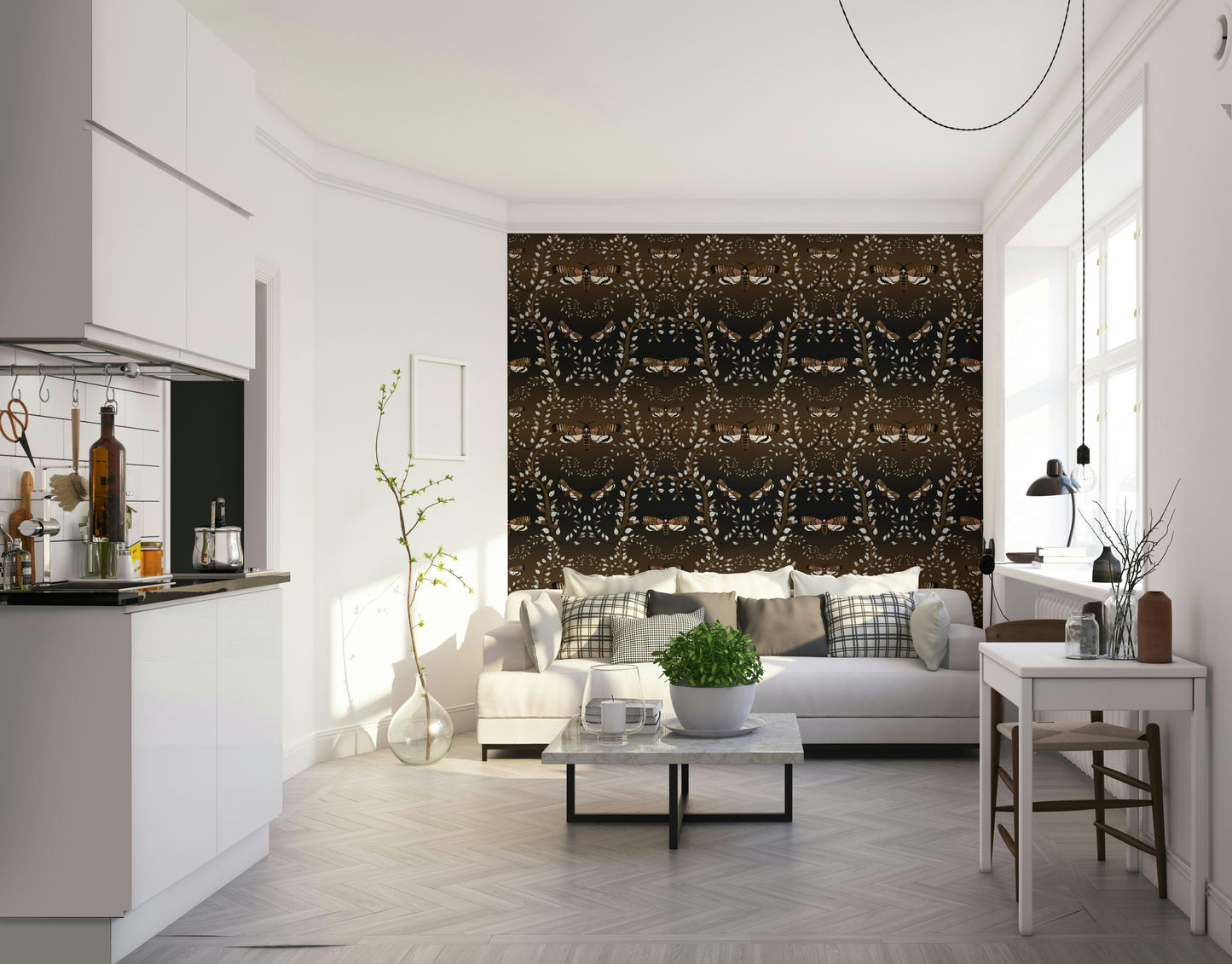 Moss green wallpaper with flying moth motifs

