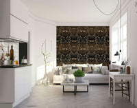 Moss green wallpaper with flying moth motifs

