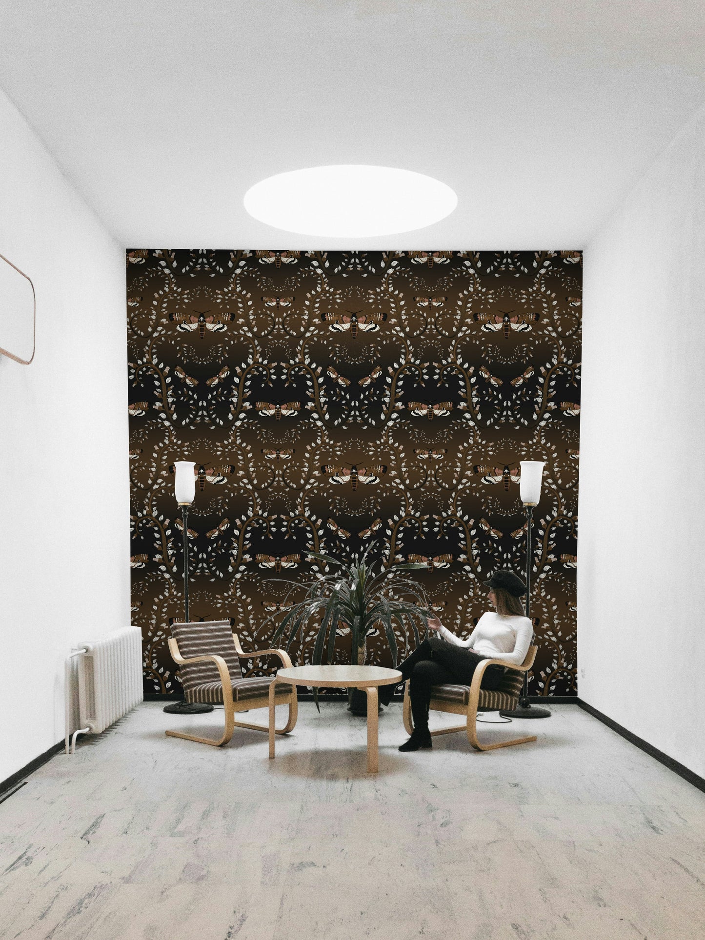 Bedroom styled with Gothic Moth Vines wallpaper

