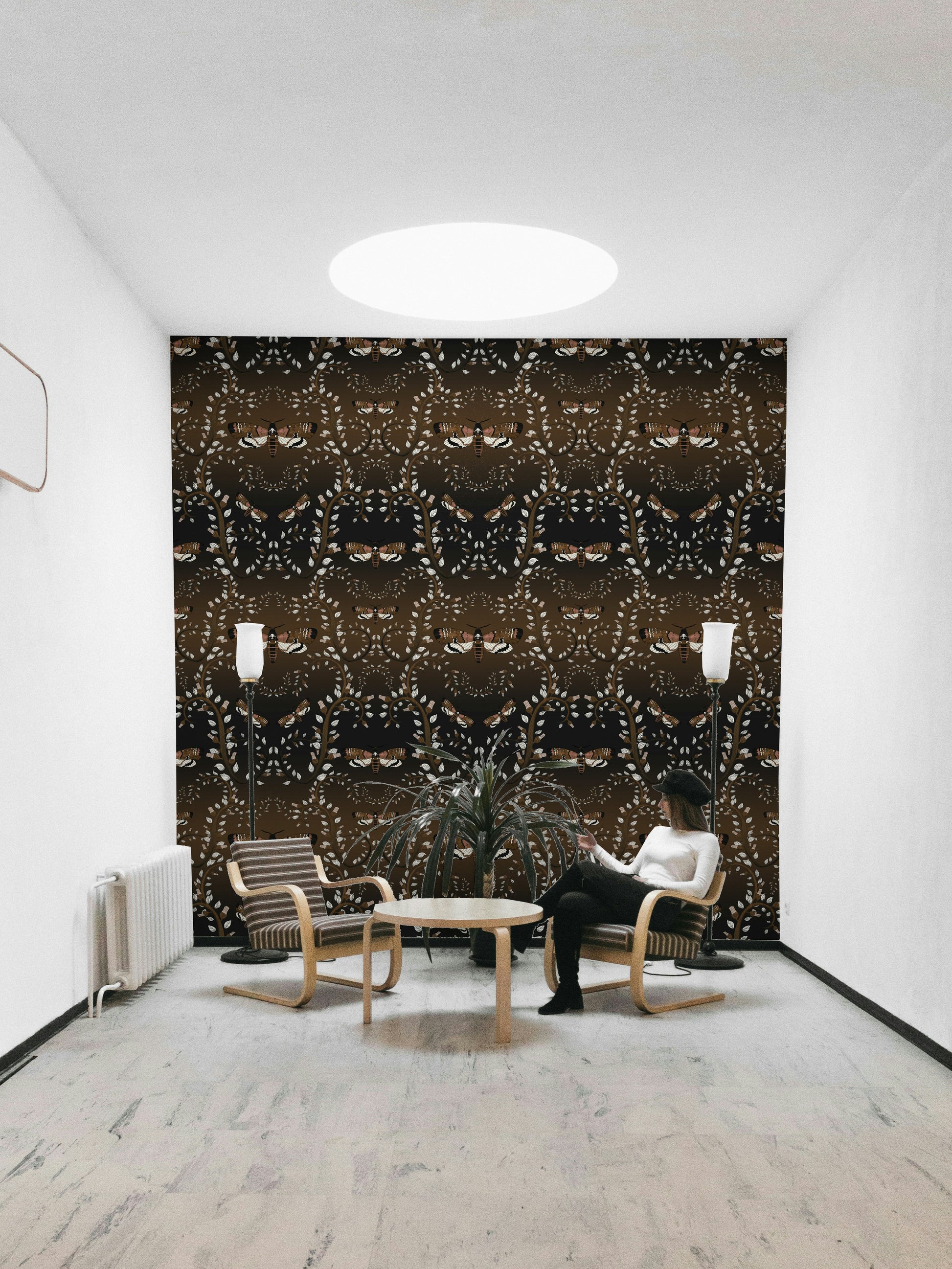 Bedroom styled with Gothic Moth Vines wallpaper

