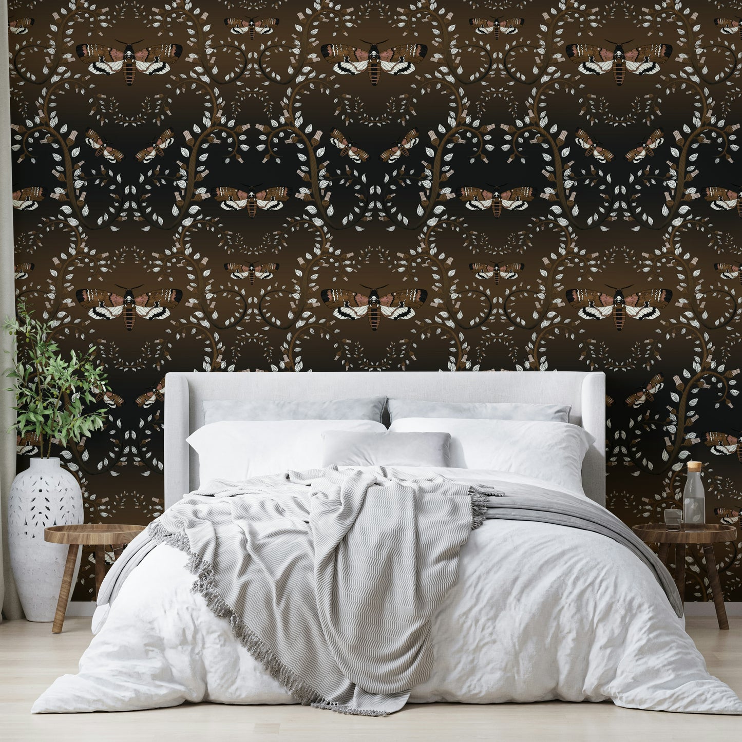 Moody botanical wall mural with dark details

