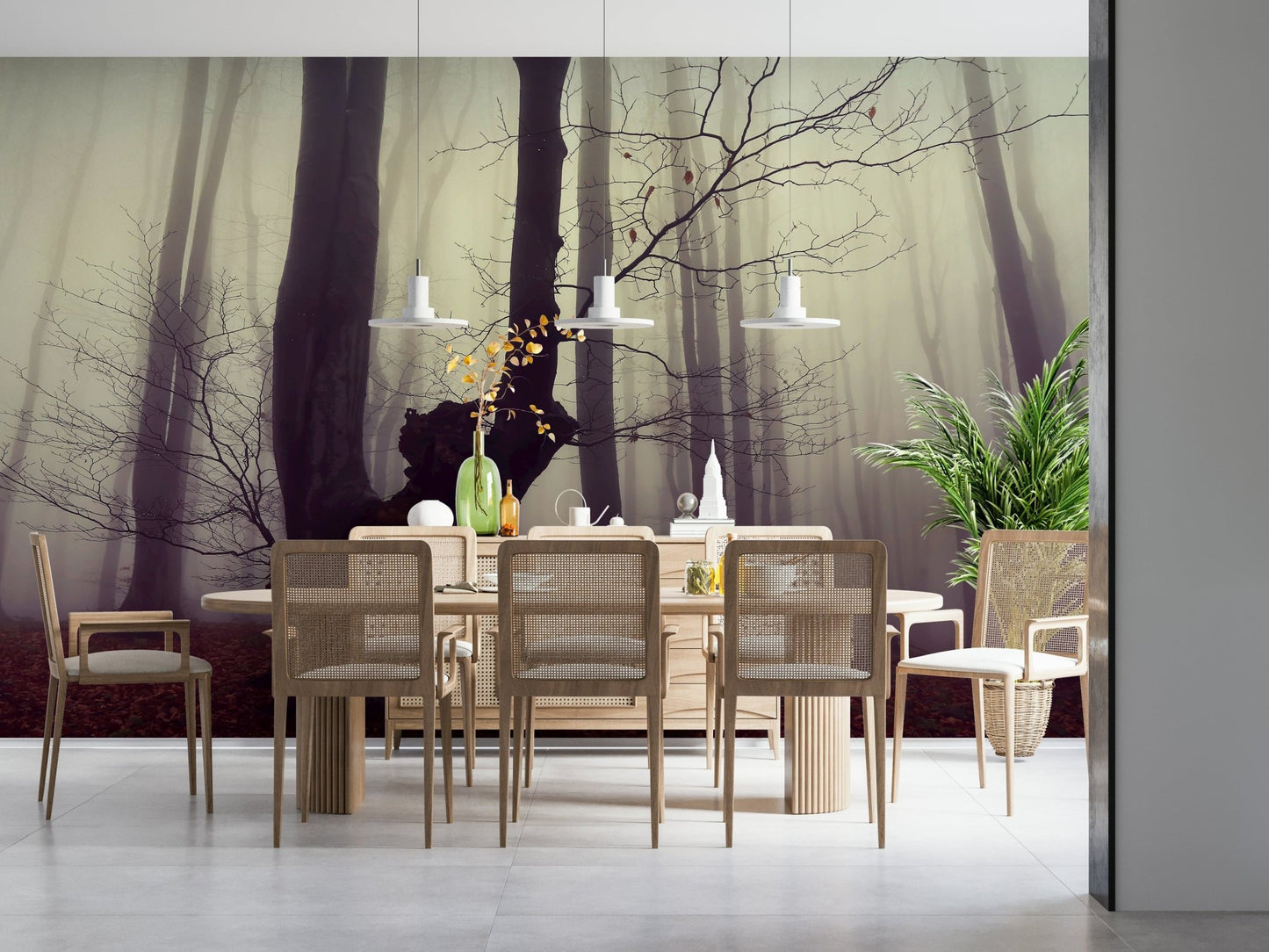 Atmospheric wallpaper, ancient trees, red fallen leaves, dense fog.