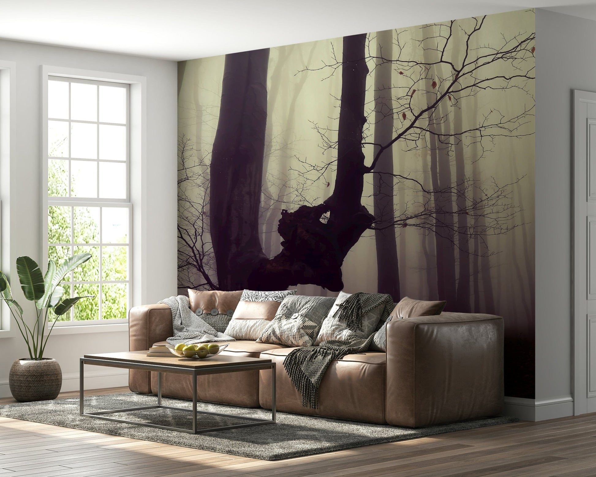 Wallpaper for walls, melancholy forest, twisted trunk, shadowy ground.