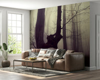 Wallpaper for walls, melancholy forest, twisted trunk, shadowy ground.