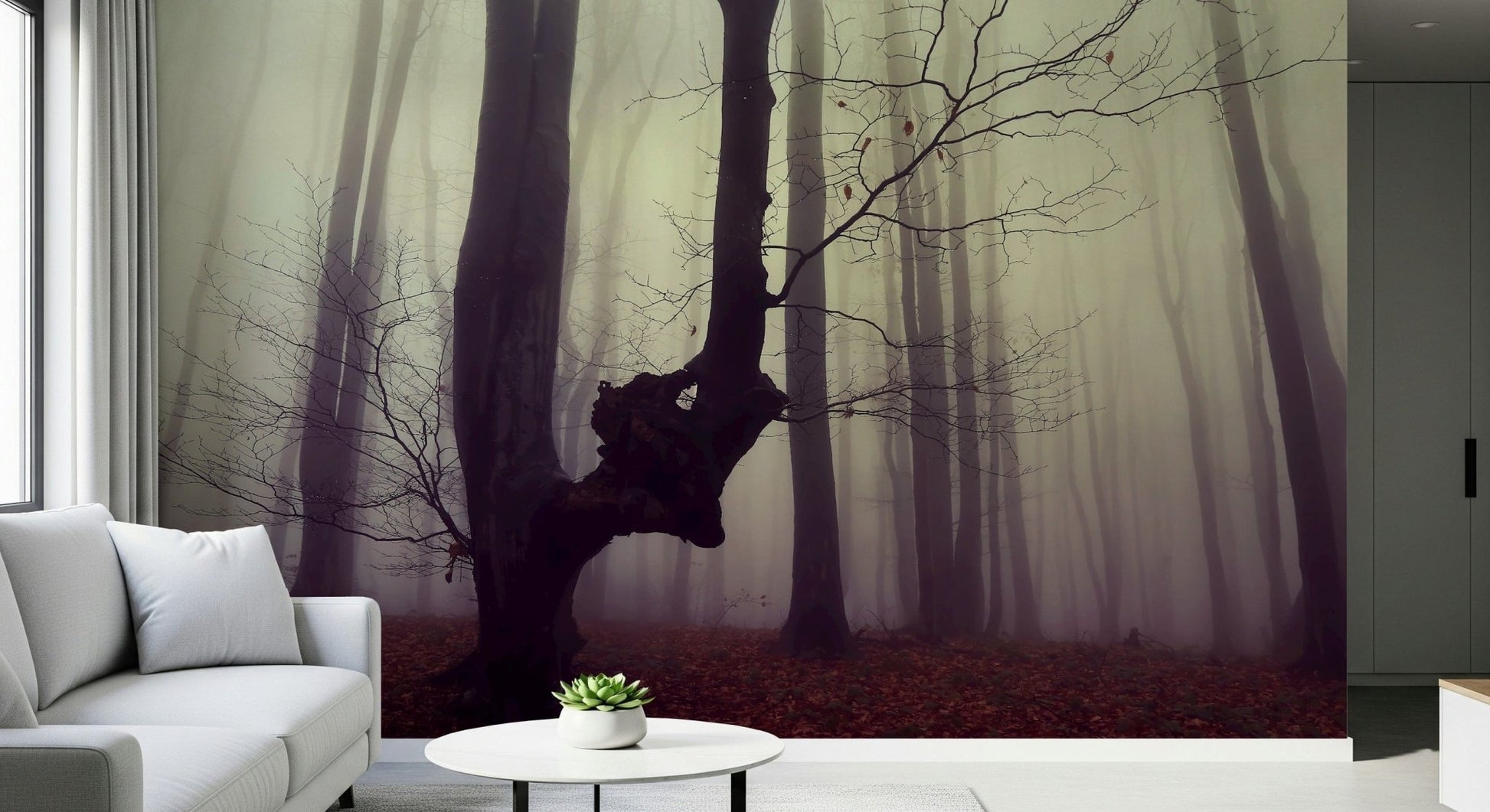 Haunting Gothic Forest mural, spooky nature view, dark mood wall art.