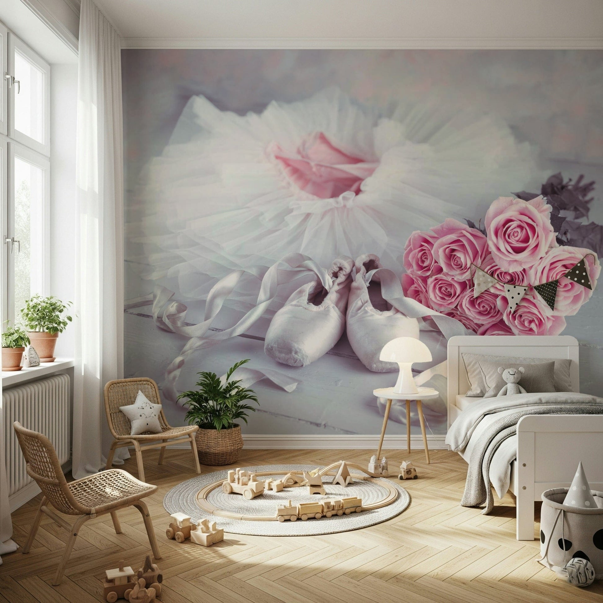 Soft blush tones, classic Graceful Ballet Still Life with Roses design.