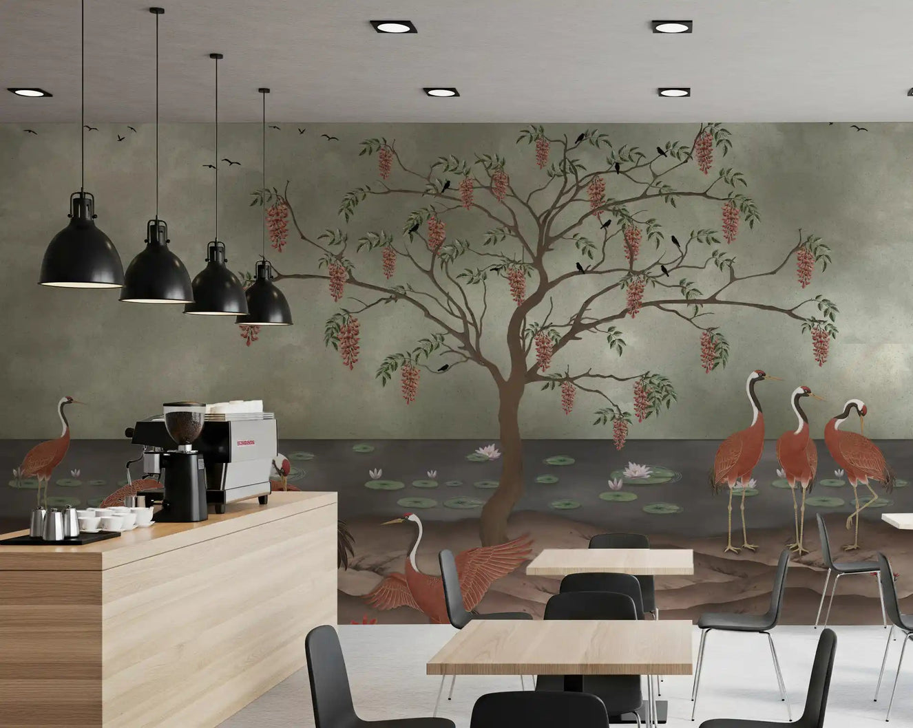 Graceful Cranescapes wall mural behind a restaurant  with cranes and wisteria detail