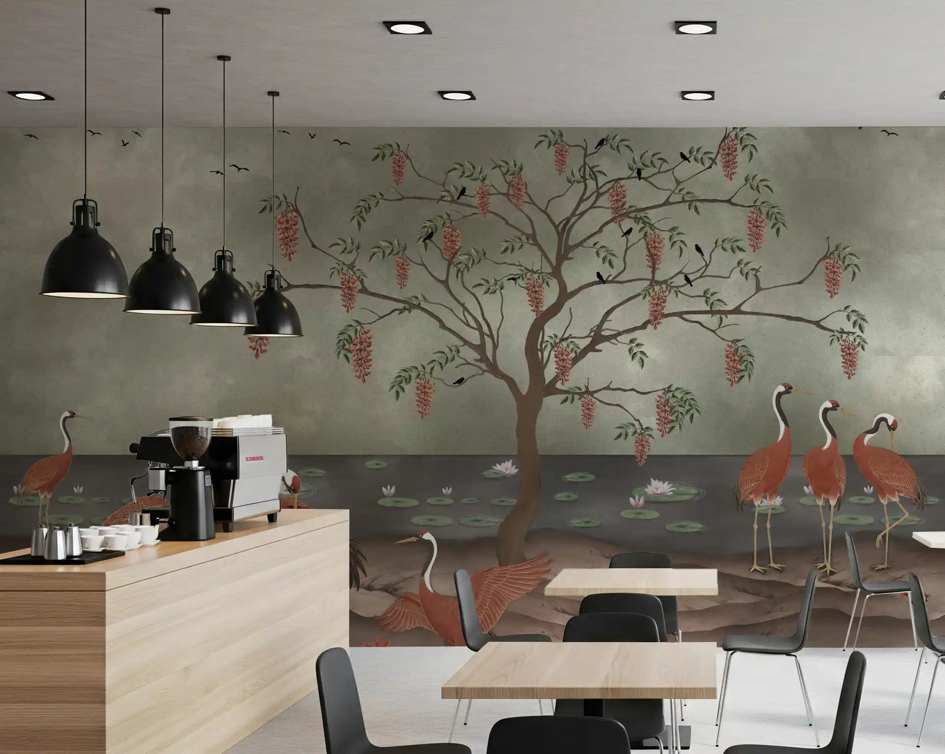 Graceful Cranescapes wall mural behind a restaurant  with cranes and wisteria detail