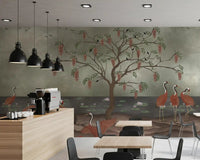 Graceful Cranescapes wall mural behind a restaurant  with cranes and wisteria detail