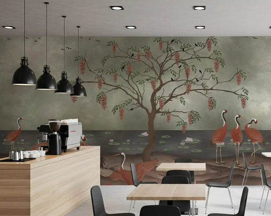 Graceful Cranescapes wall mural behind a restaurant  with cranes and wisteria detail