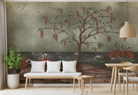 Cranescapes botanical wall mural in a Dning with layered lake scenery