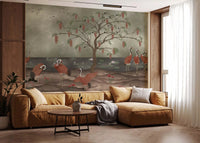 Wisteria crane wall mural along a hallway with a serene scenic pattern