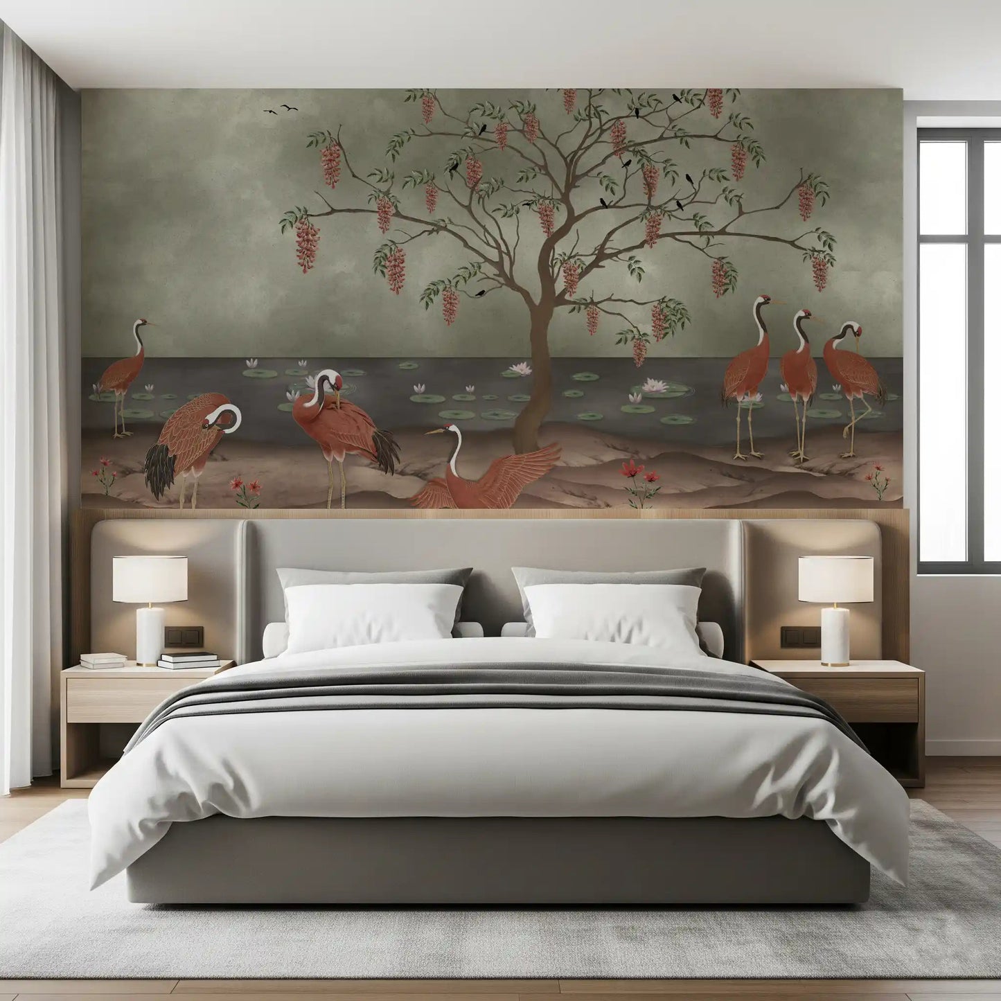 Graceful crane scene wall mural for a Bedroom suite with refined texture