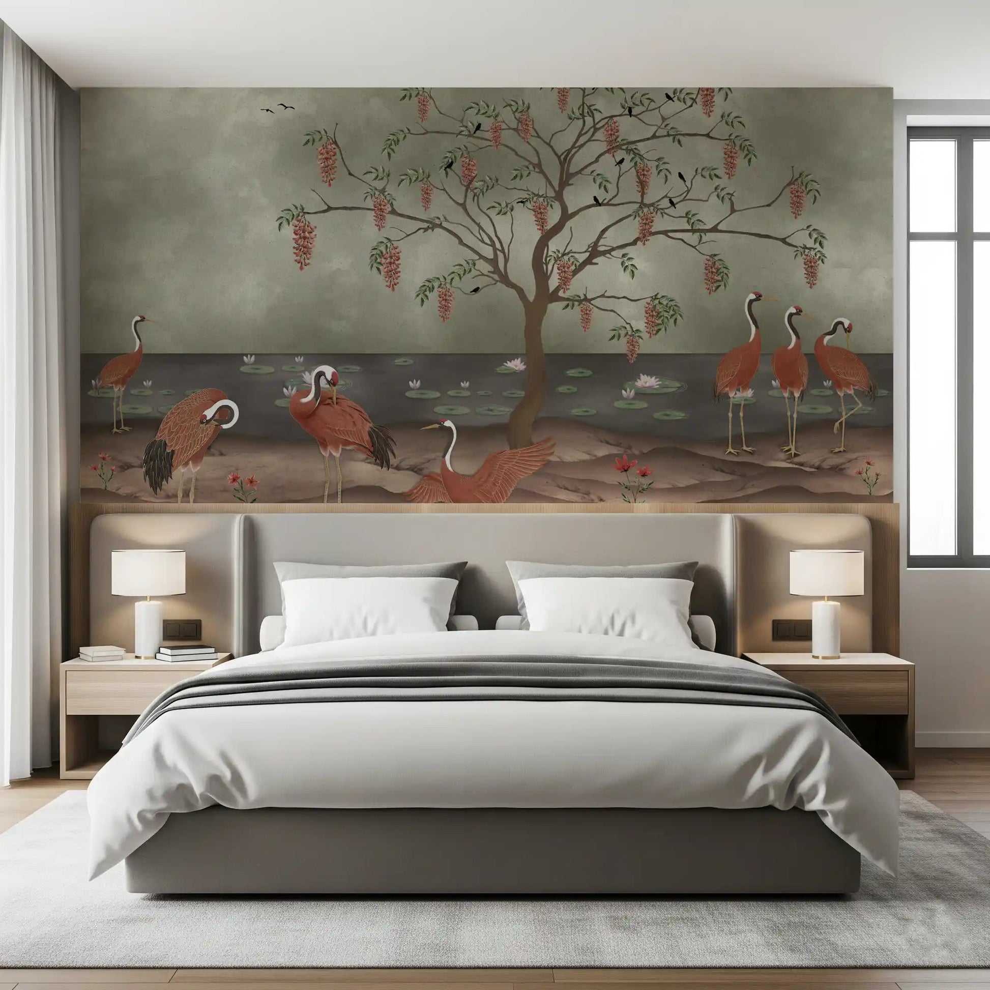 Graceful crane scene wall mural for a Bedroom suite with refined texture