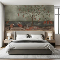 Graceful crane scene wall mural for a Bedroom suite with refined texture