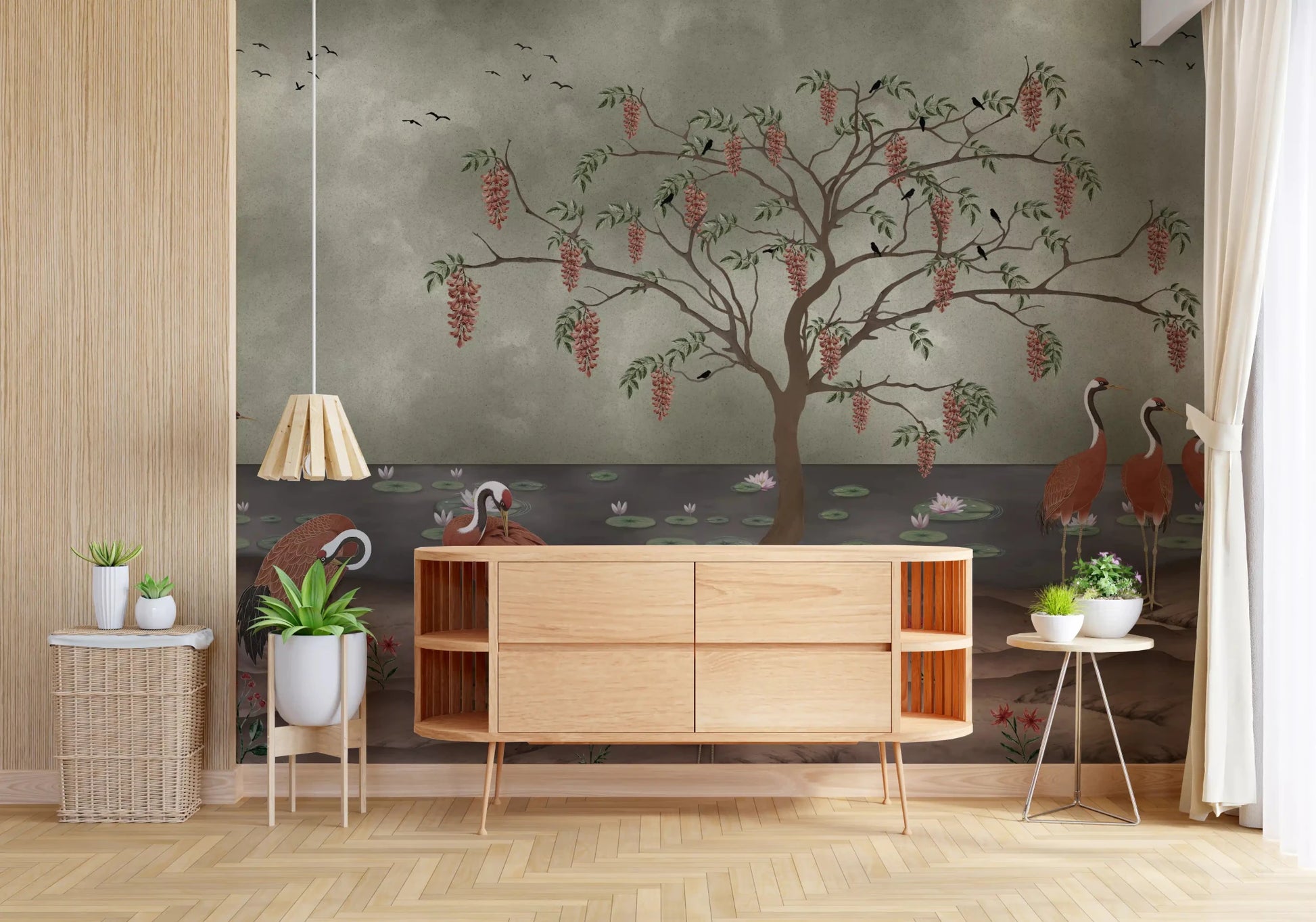 Crane and wisteria wall mural in an entryway with muted natural tones