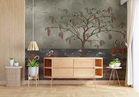 Crane and wisteria wall mural in an entryway with muted natural tones