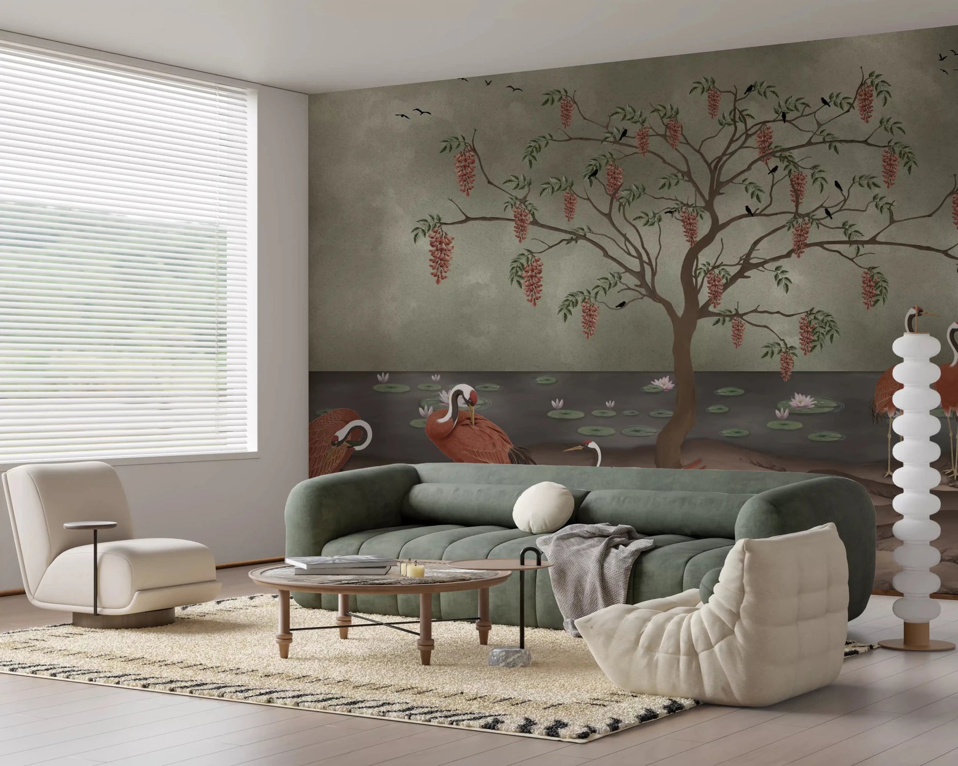 Graceful lakeside wall mural near a Living room corner with flowing blossoms