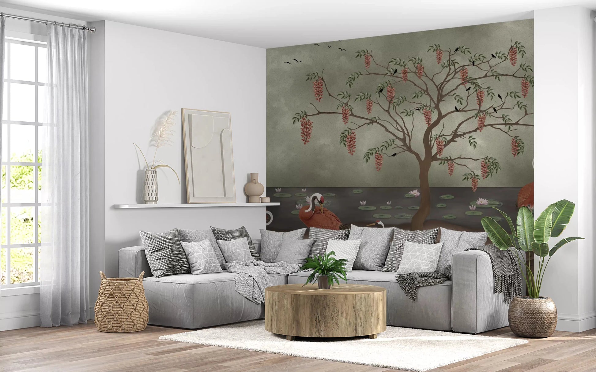 Graceful crane wall mural in a Living area with soft botanical tones