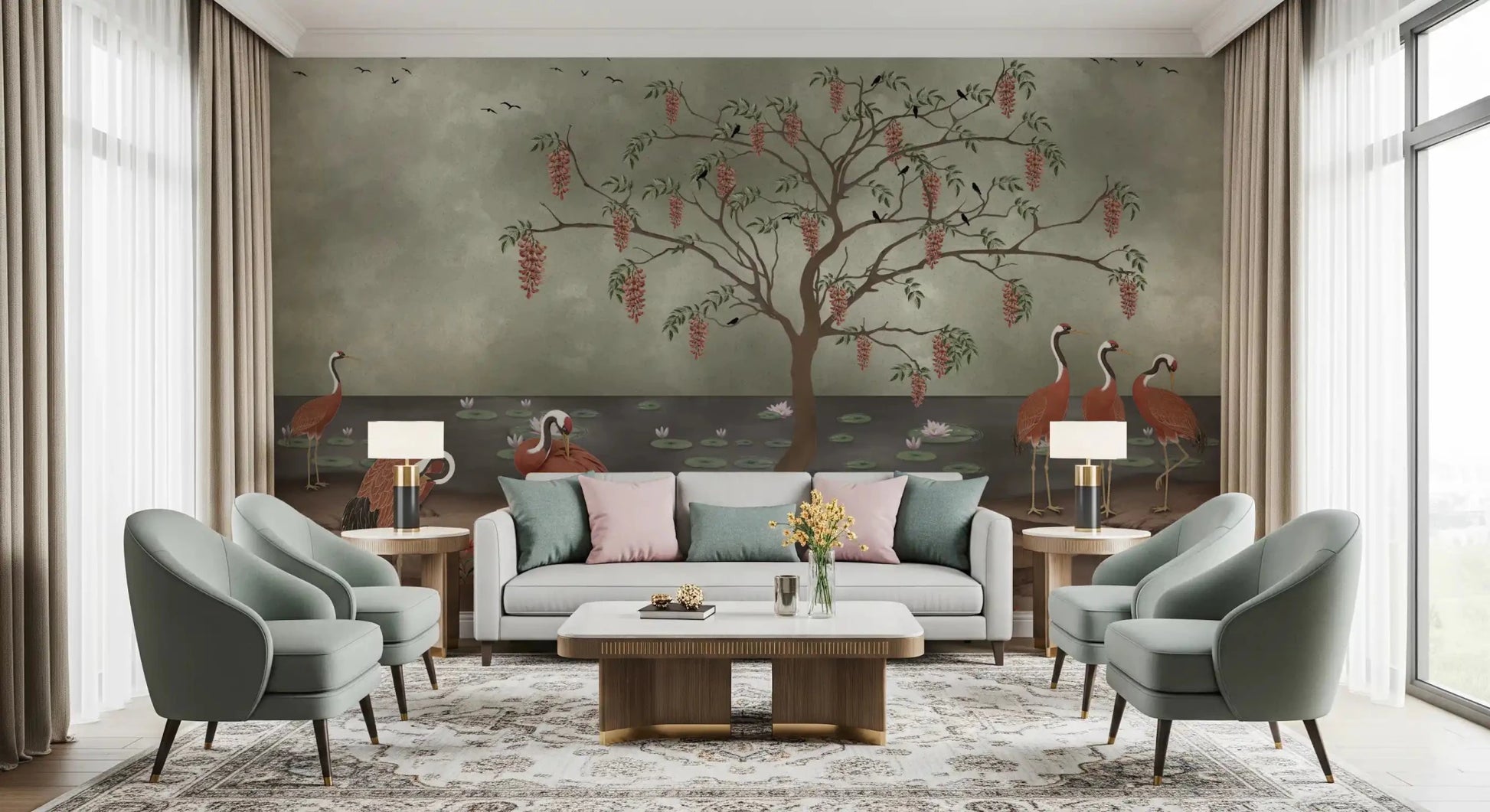 Wisteria lake wall mural in a living room sofa area with peaceful bird silhouettes