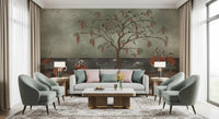 Wisteria lake wall mural in a living room sofa area with peaceful bird silhouettes