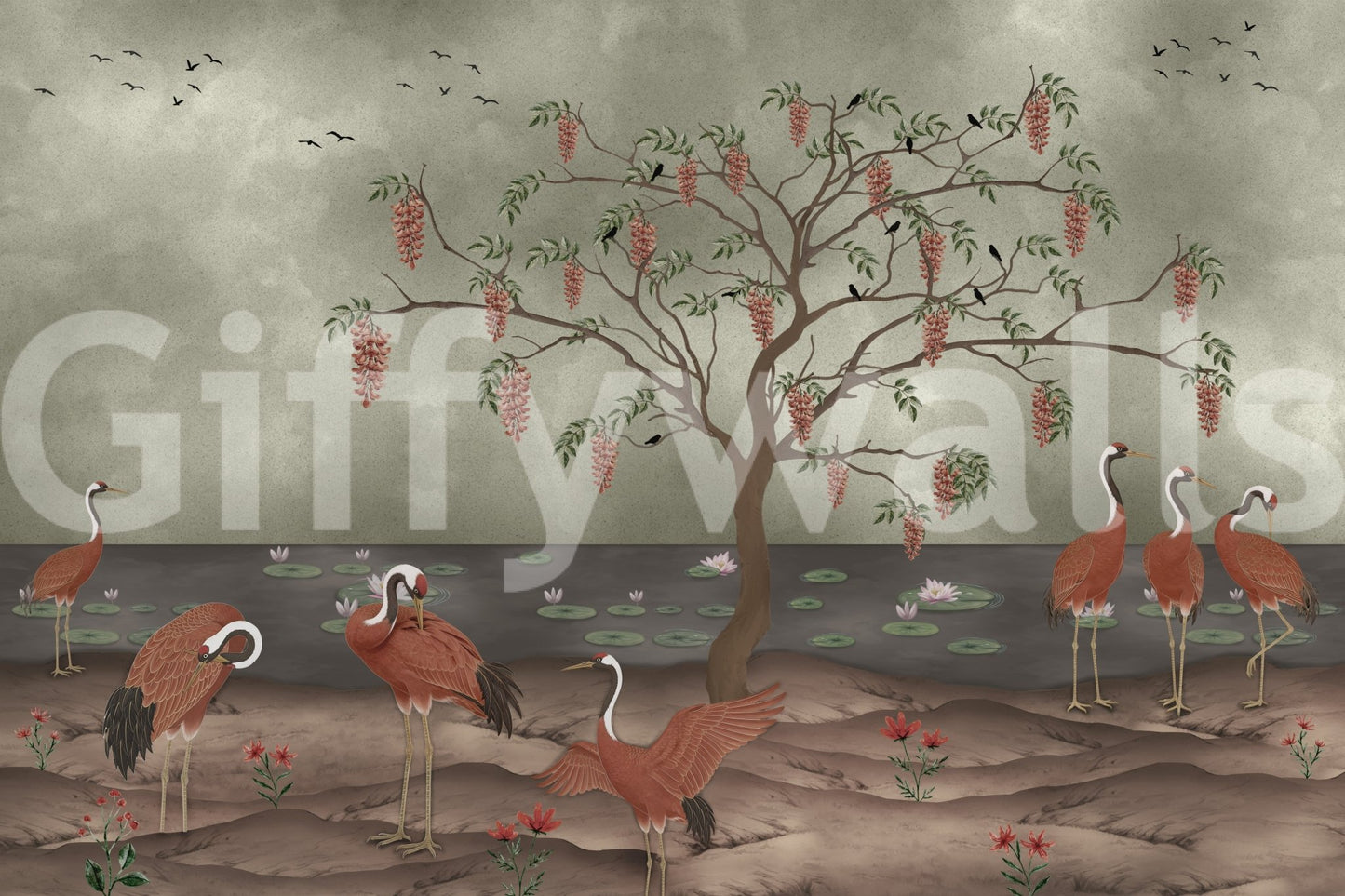 Graceful Cranescapes wall mural with red cranes by a still lake