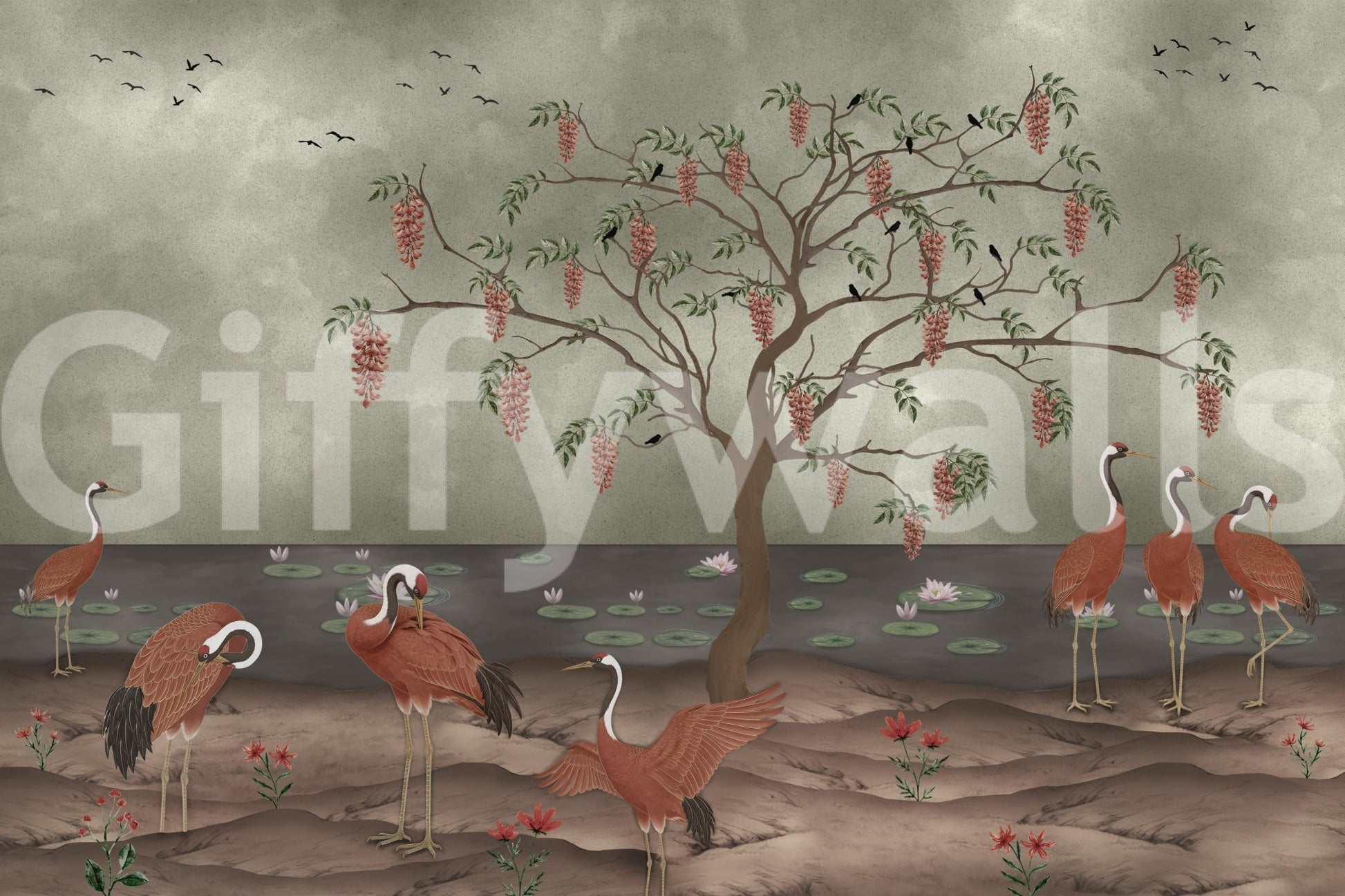 Graceful Cranescapes wall mural with red cranes by a still lake