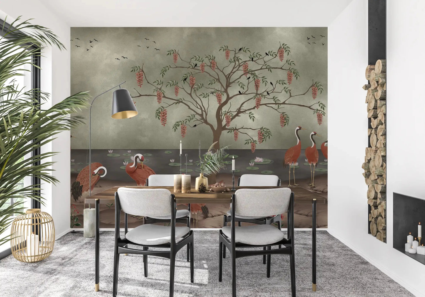 Cranescapes wall mural above a Dining room with calm lake and bird motifs