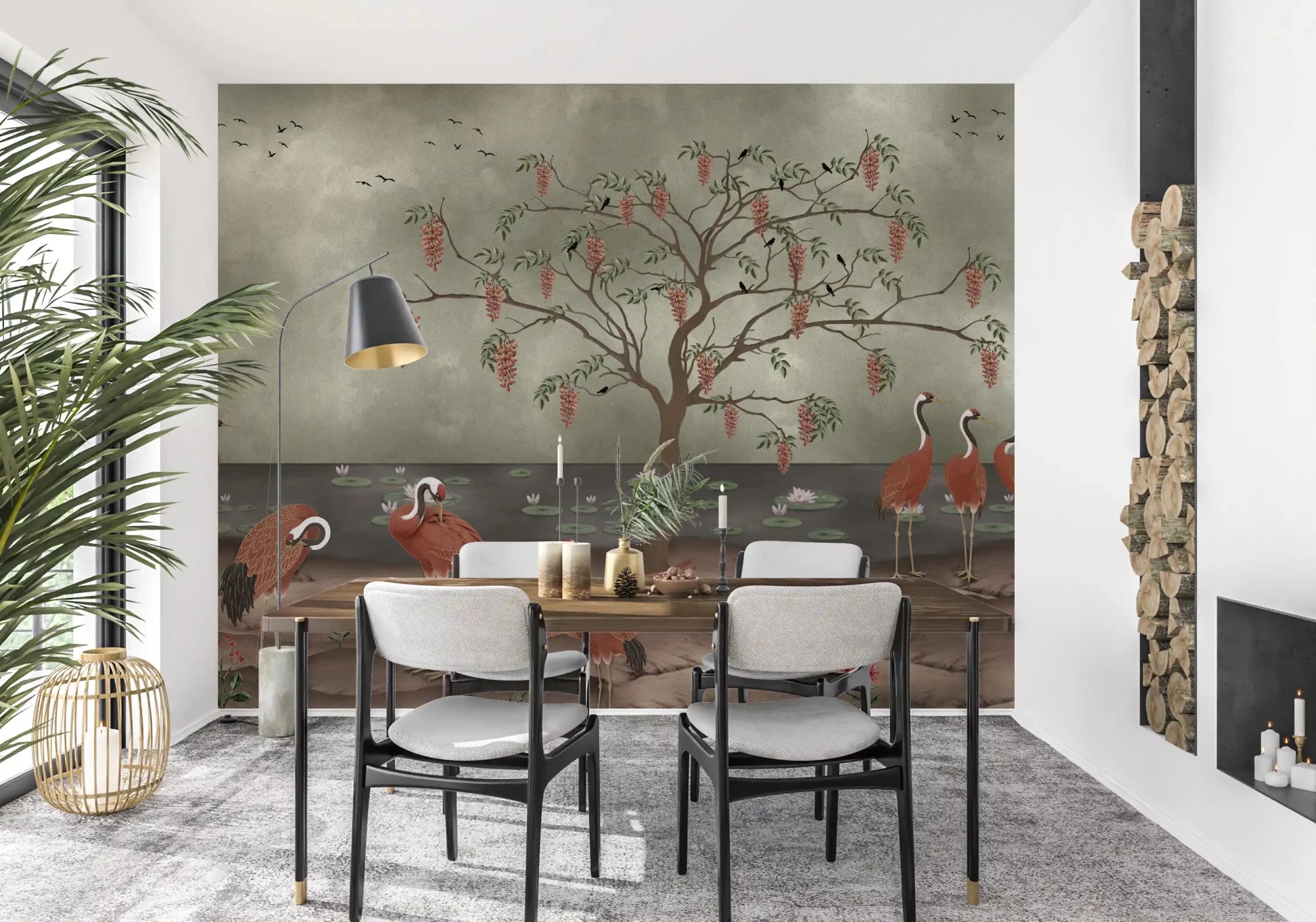 Cranescapes wall mural above a Dining room with calm lake and bird motifs