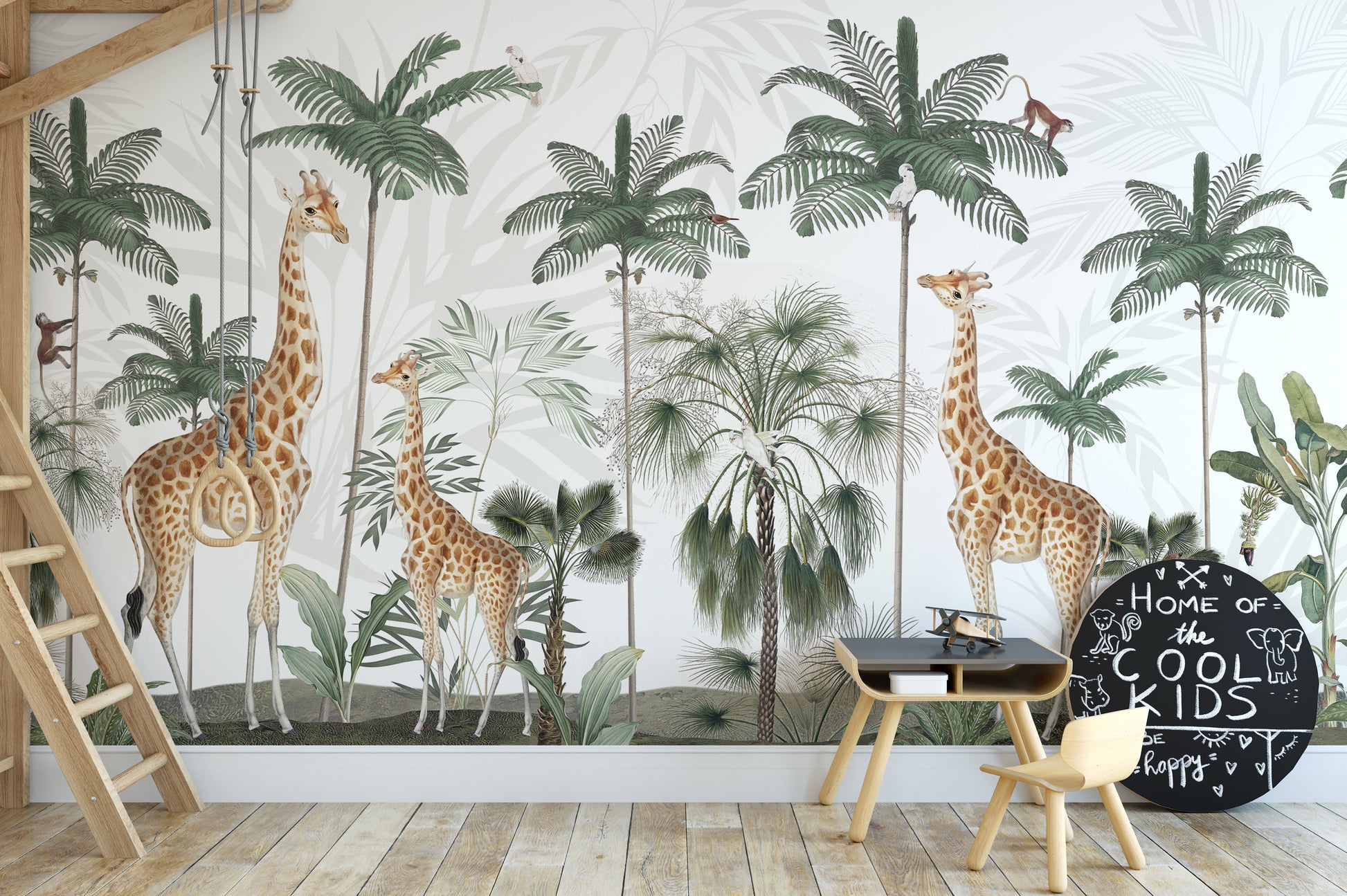Gracious Giraffes wallpaper with palm trees behind a Cool Kids chalkboard and small wood desk