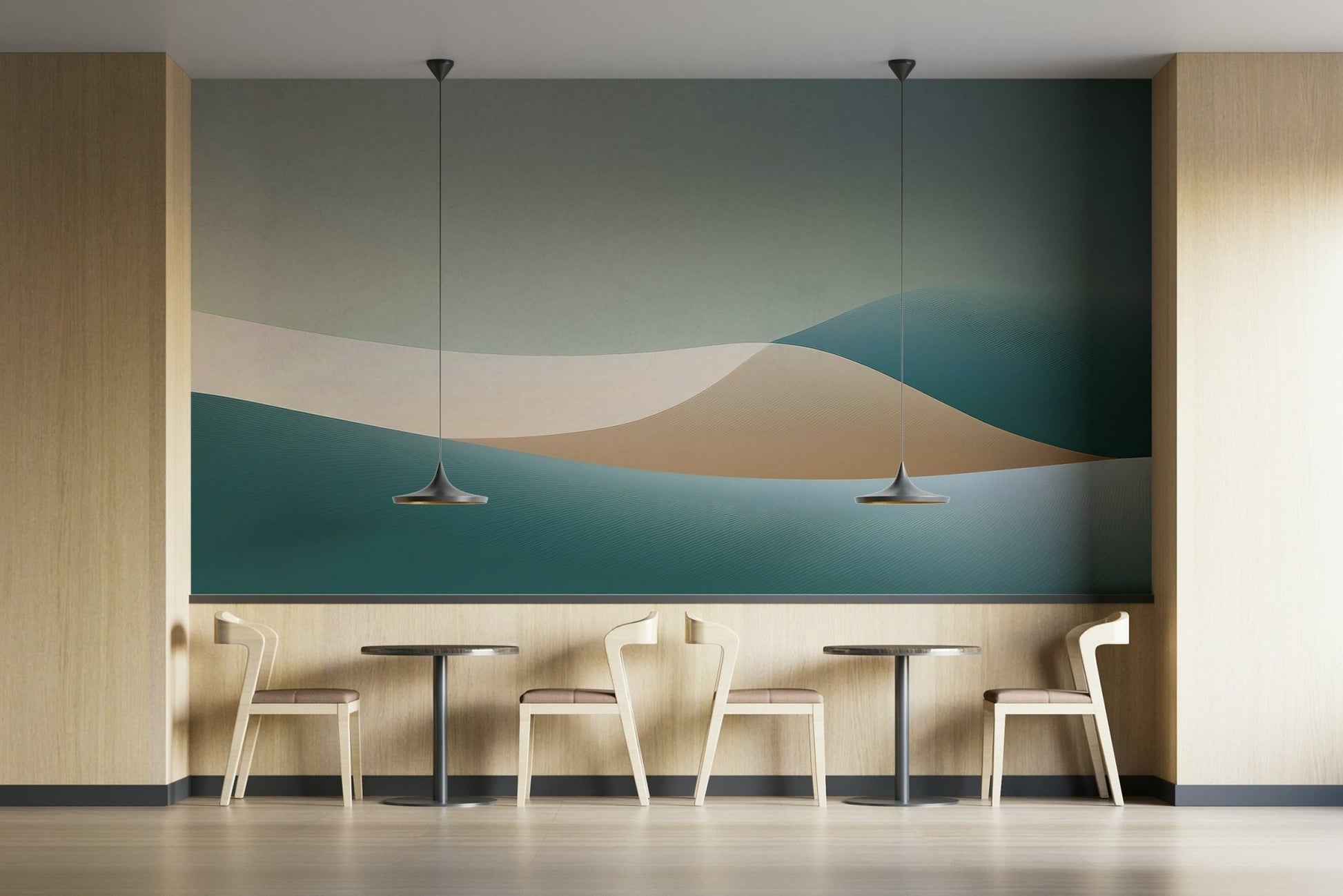 Nursery mural with ombré sky tones of lavender and teal

